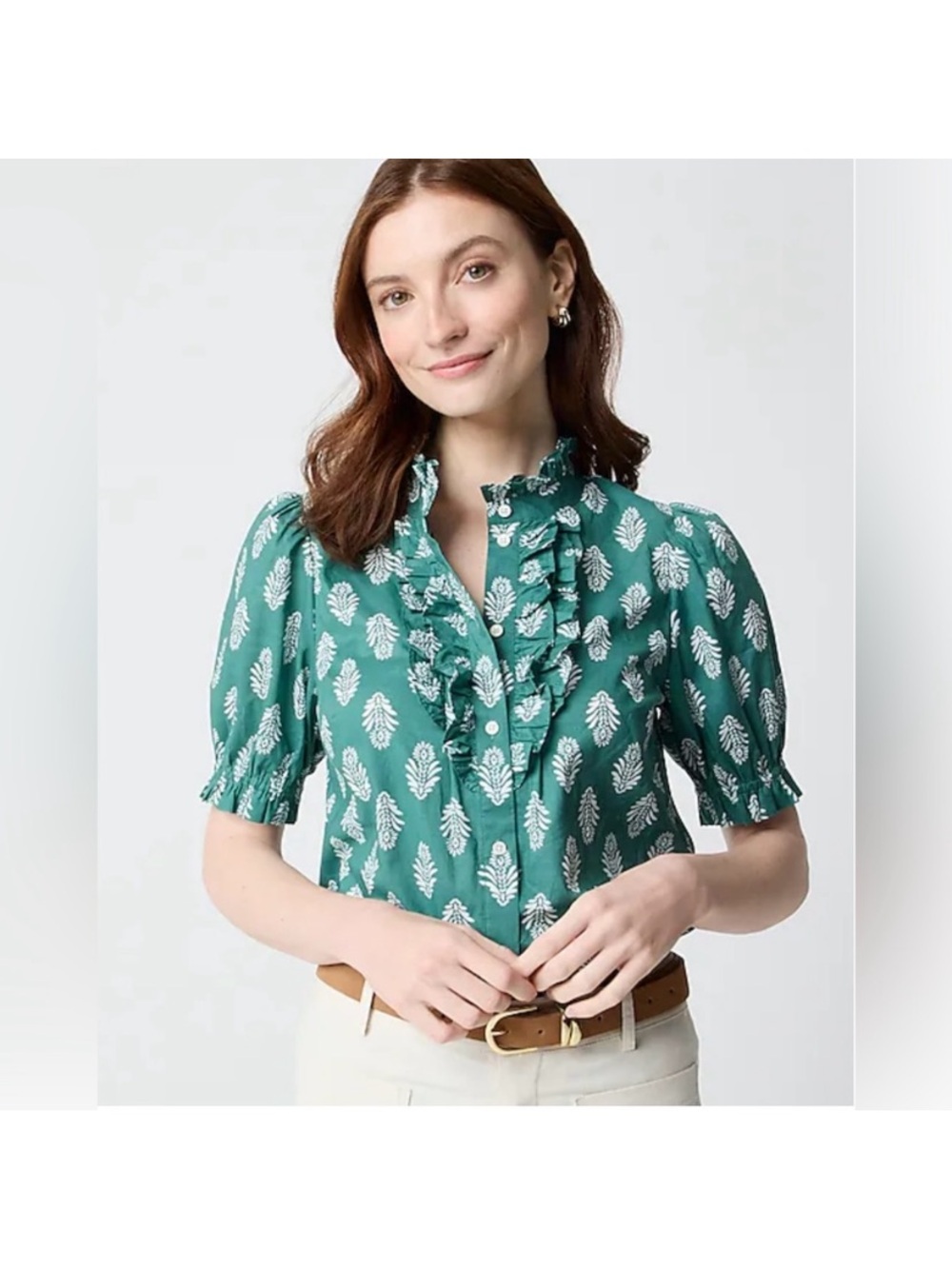 J. Crew Printed Ruffle Placket Cotton Blouse Green Size SMALL (FA25)